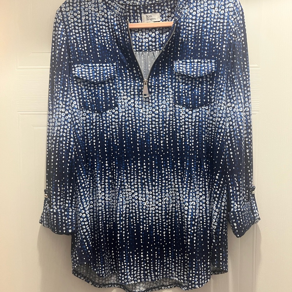 Kim Rogers Navy and White Patterned Blouse